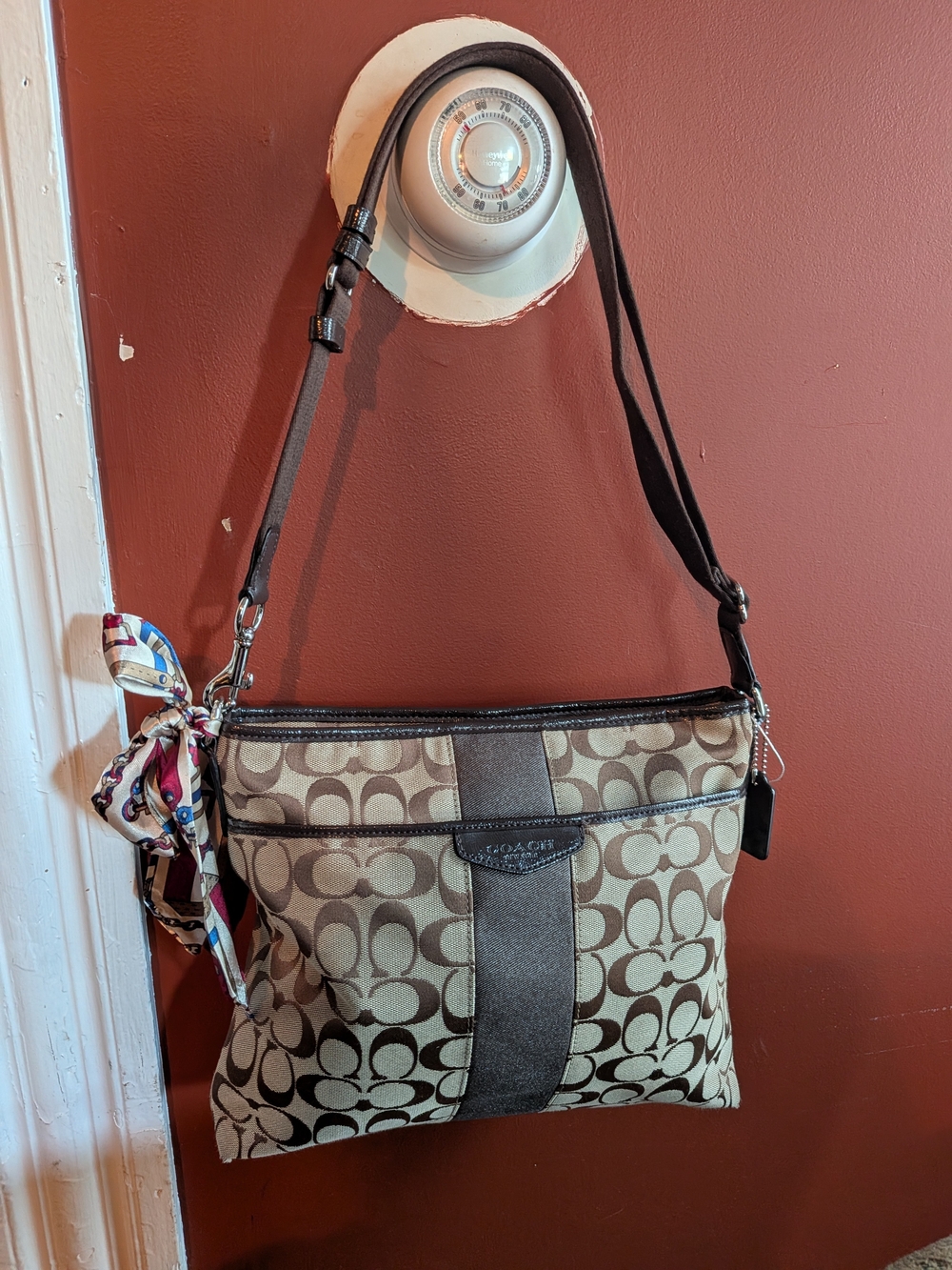 Coach Brown Signature Canvas Crossbody/convert to shoulder with Leather Trim